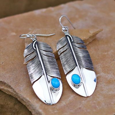 Feather dangle earrings with Kingman Turquoise