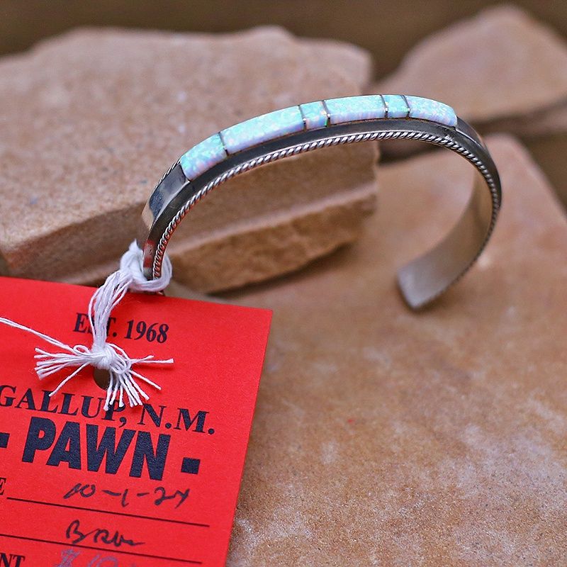 Pawn Jewelry-Zuni inlay bracelet w/ white cultured opal