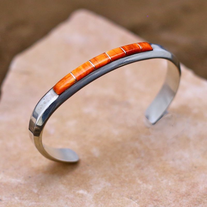 Pawn Jewelry-Zuni inlay bracelet w/ orange spiny oyster shell