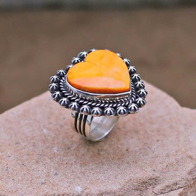 Orange spiny oyster shell heart ring