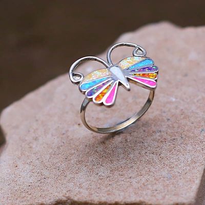 Zuni inlay butterfly ring w/cultured opals