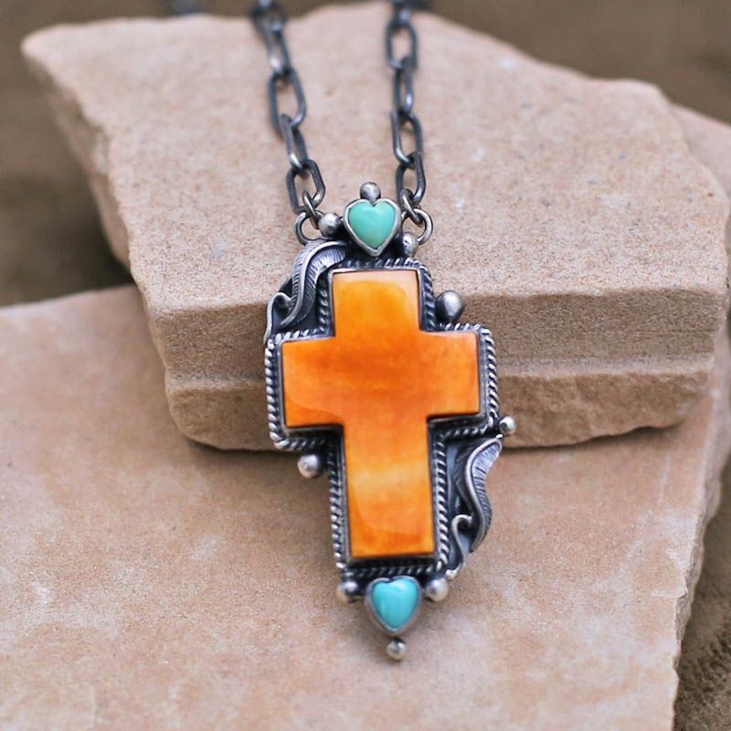 Large orange spiny oyster shell cross necklace