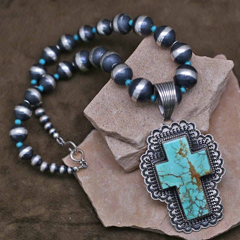Kingman turquoise cross pendant and bead set