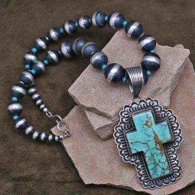 Kingman turquoise cross pendant and bead set