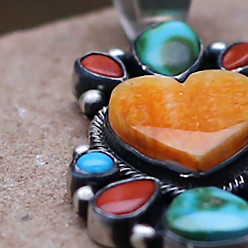 Orange spiny oyster shell heart cluster pendant