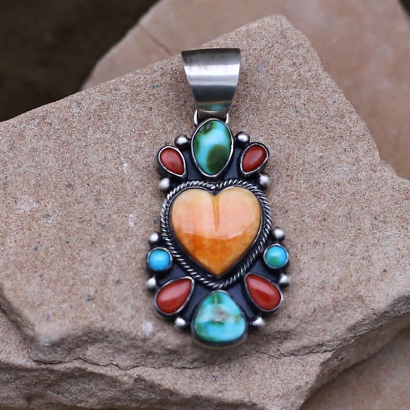 Orange spiny oyster shell heart cluster pendant
