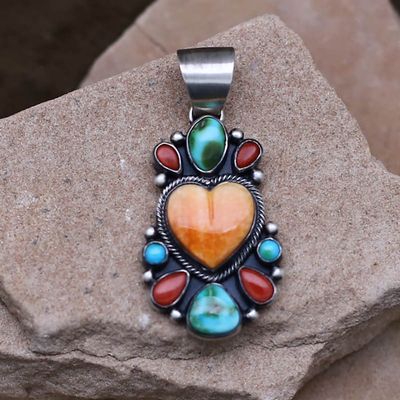 Orange spiny oyster shell heart cluster pendant