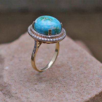 14kt gold  double row diamond &amp; turquoise ring