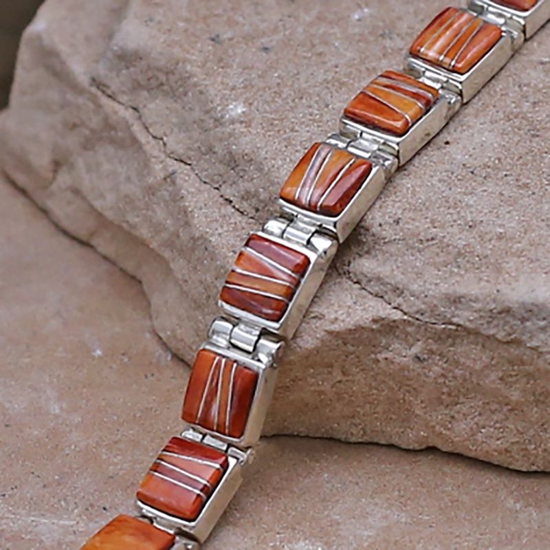 Spiny oyster shell inlay hinge link bracelet