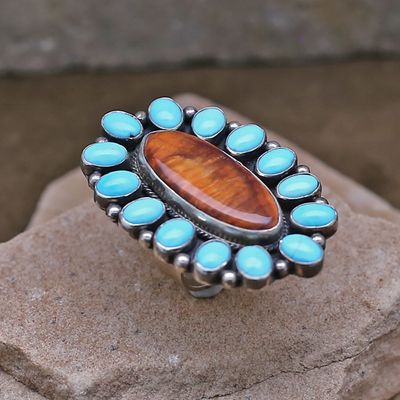 Navajo cluster ring w/ spiny oyster shell &amp; Kingman turquoise