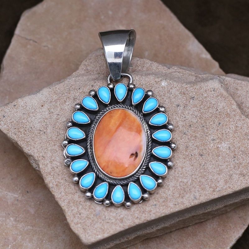 Navajo cluster pendant w/spiny oyster shell &amp; Kingman turquoise