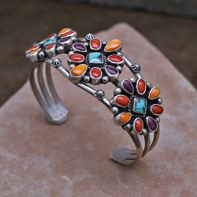 Navajo multicolor triple cluster bracelet