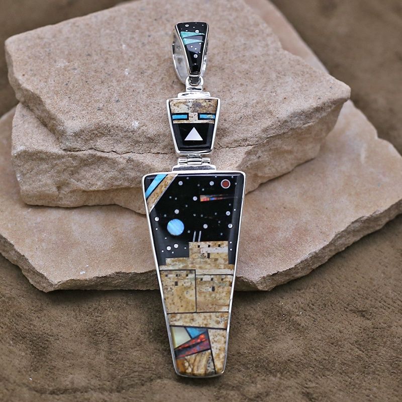 Extra large YEI pendant w/Night Sky over Adobe Pueblo inlay