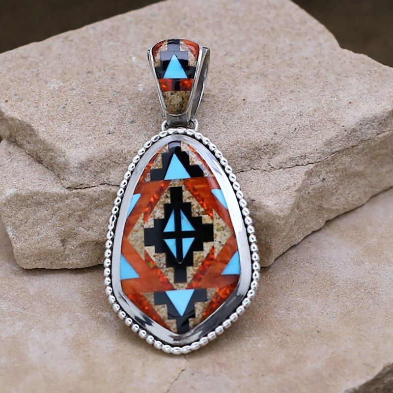 Large red rug pattern  inlay pendant