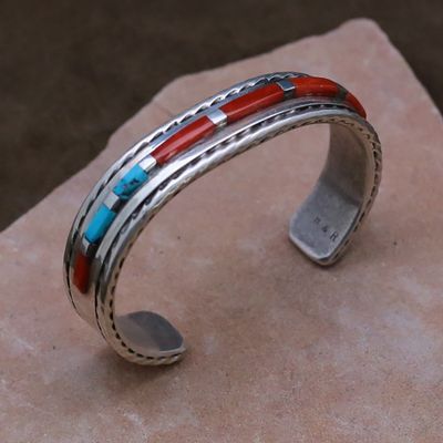 1970&#39;s coral &amp; turquoise inlay bracelet