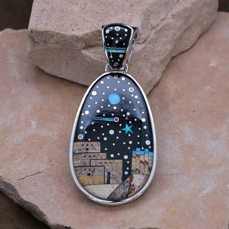 Large oval inlay pendant w/ reverse carved Long hair kachina