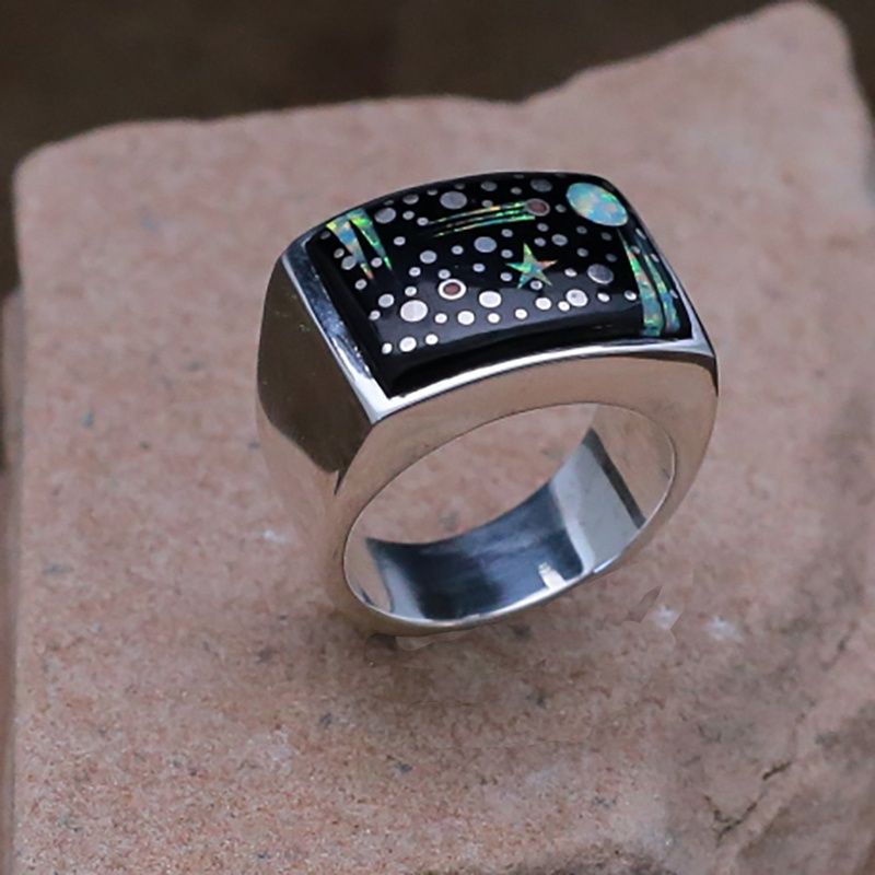 Large inlay rectangular ring w/ Night Sky design