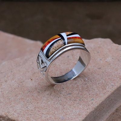 Contemporary Navajo inlay ring w/ carved storm pattern shank