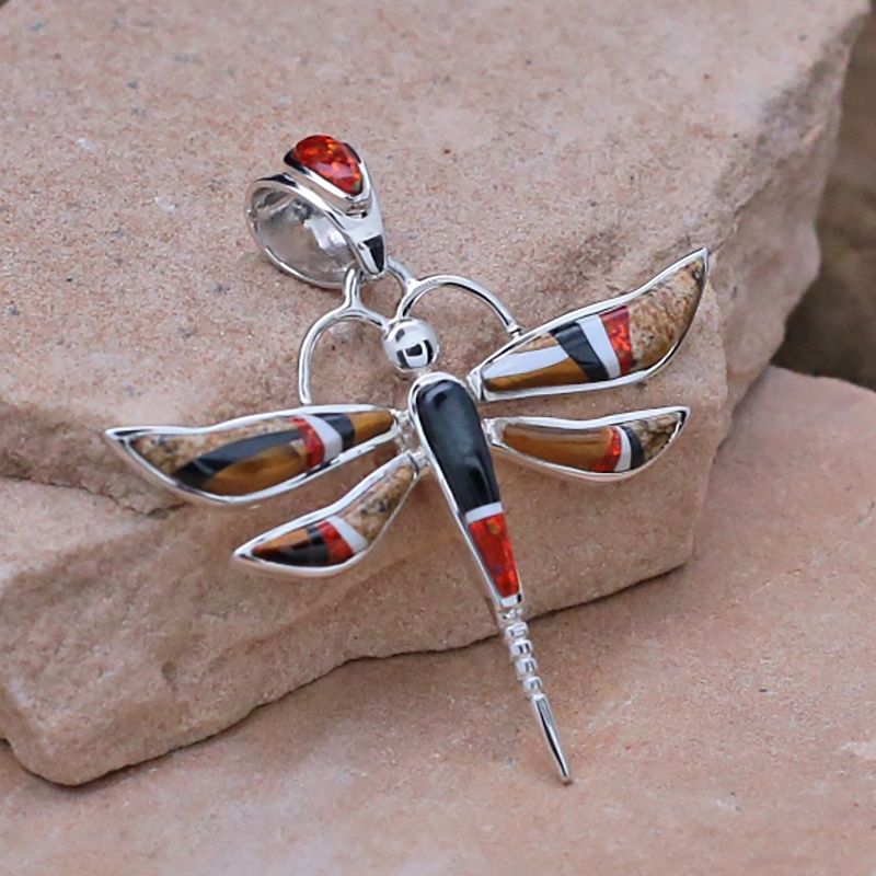 Contemporary Navajo inlay dragon fly pendant