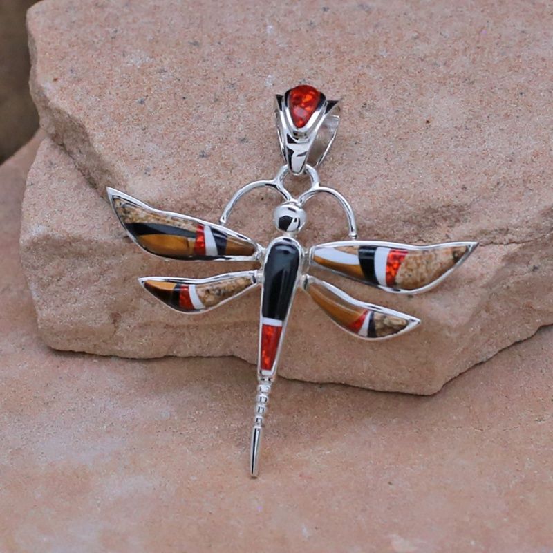 Contemporary Navajo inlay dragon fly pendant