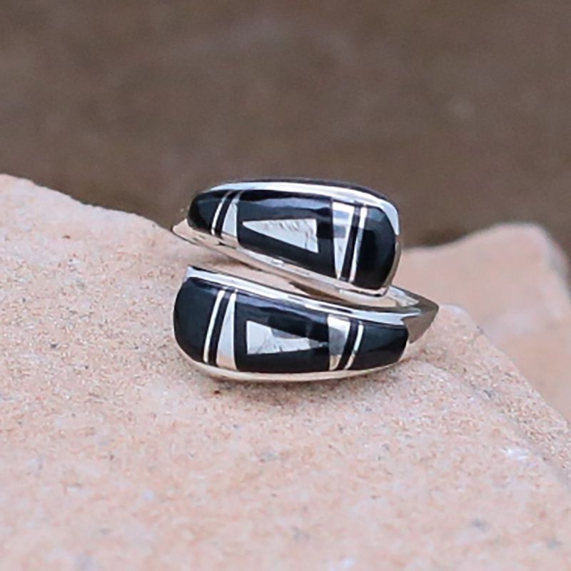 Contemporary Navajo black jet inlay adjustable ring
