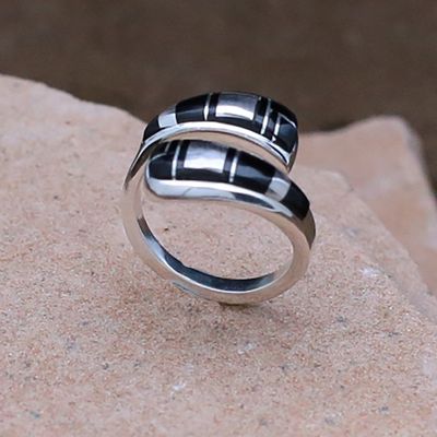 Contemporary Navajo black jet inlay ring by Marty Yazzie