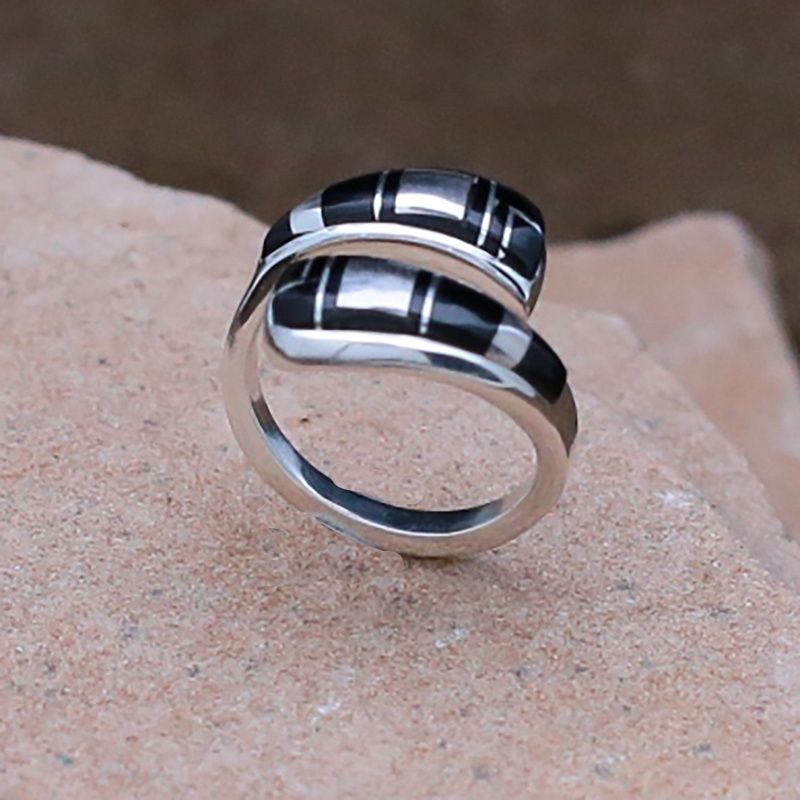 Contemporary Navajo black jet inlay ring by Marty Yazzie