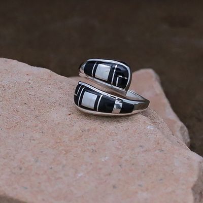 Contemporary Navajo black jet inlay ring by Marty Yazzie