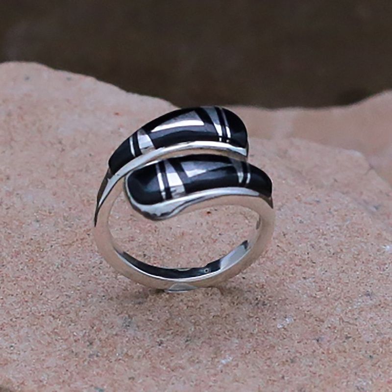 Contemporary Navajo black jet inlay adjustable ring
