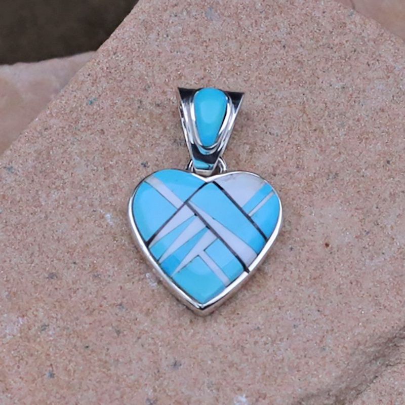 Navajo inlay heart pendant w/Sleeping beauty turquoise &amp; white buffalo stone