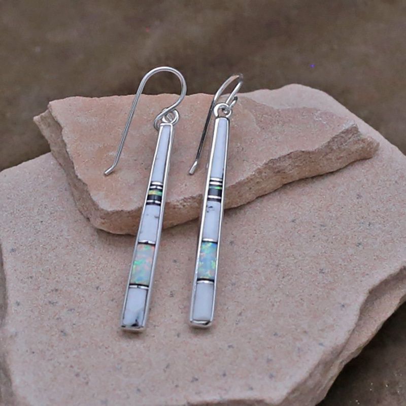 Dangle inlay thin earrings w/ White Buffalo stone