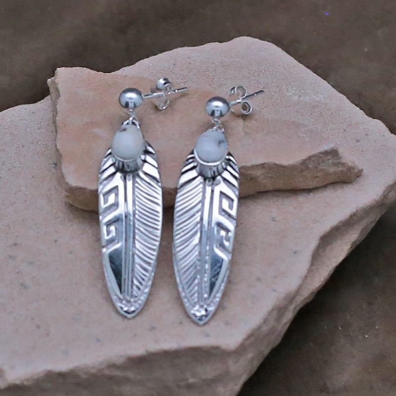 Dangle feather  earrings w/   white buffalo stone