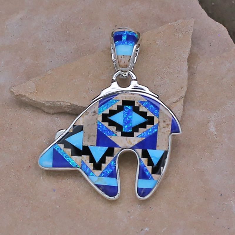 Double sided  Bear pendant w/ rug pattern inlay