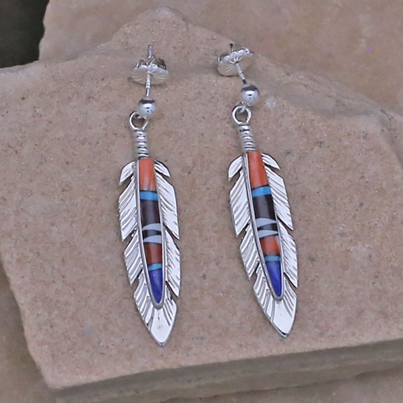 Multi colored inlay feather earrings