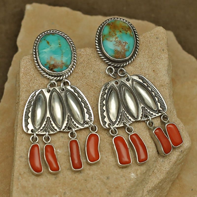 Pawn Jewelry - Navajo turquoise earrings w/dangle coral