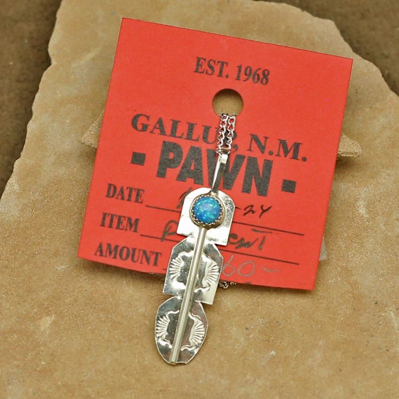 Pawn Jewelry- Navajo feather pendant w/ blue cultured