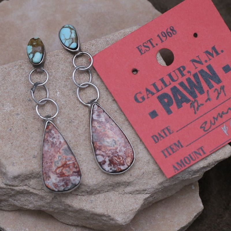 Pawn Jewelry- Navajo dangle earrings w/ turquoise &amp; spong coral
