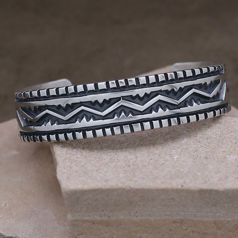 Deep stamped Navajo large cuff bracelet