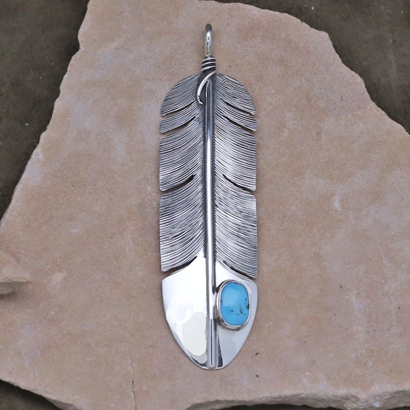 Large feather pendant w/ Kingman turquoise