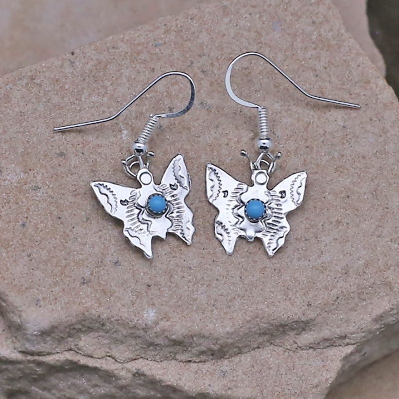 Silver butterfly dangle earrings w/ turquoise