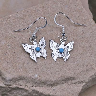 Silver butterfly dangle earrings w/ turquoise