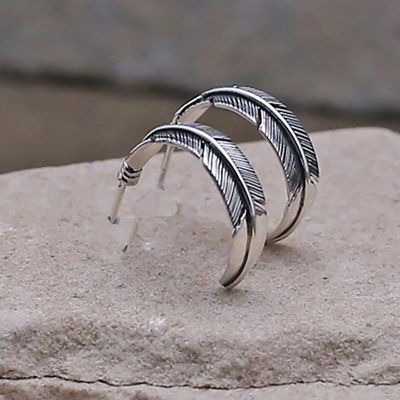 Silver feather 1/2 hoop earrings-1/4&quot; width