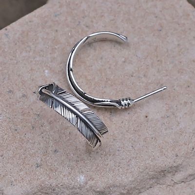 Silver feather 1/2 hoop earrings-1/4" width