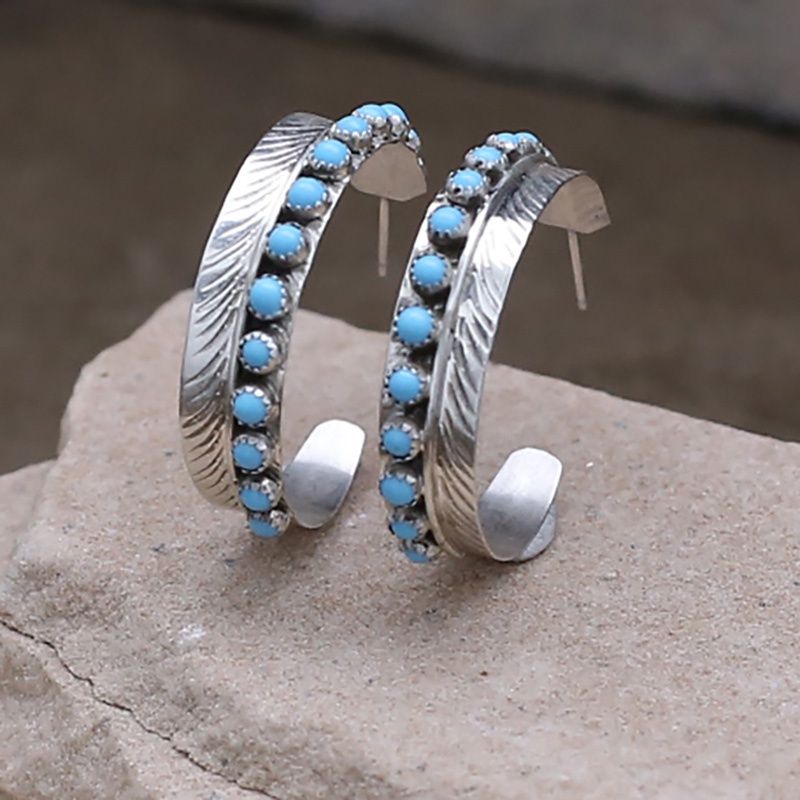 Large 1/2 hoop feather earrings w/turquoise