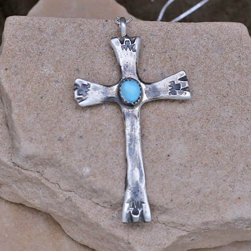 Sand cast silver cross pendant w/ turquoise