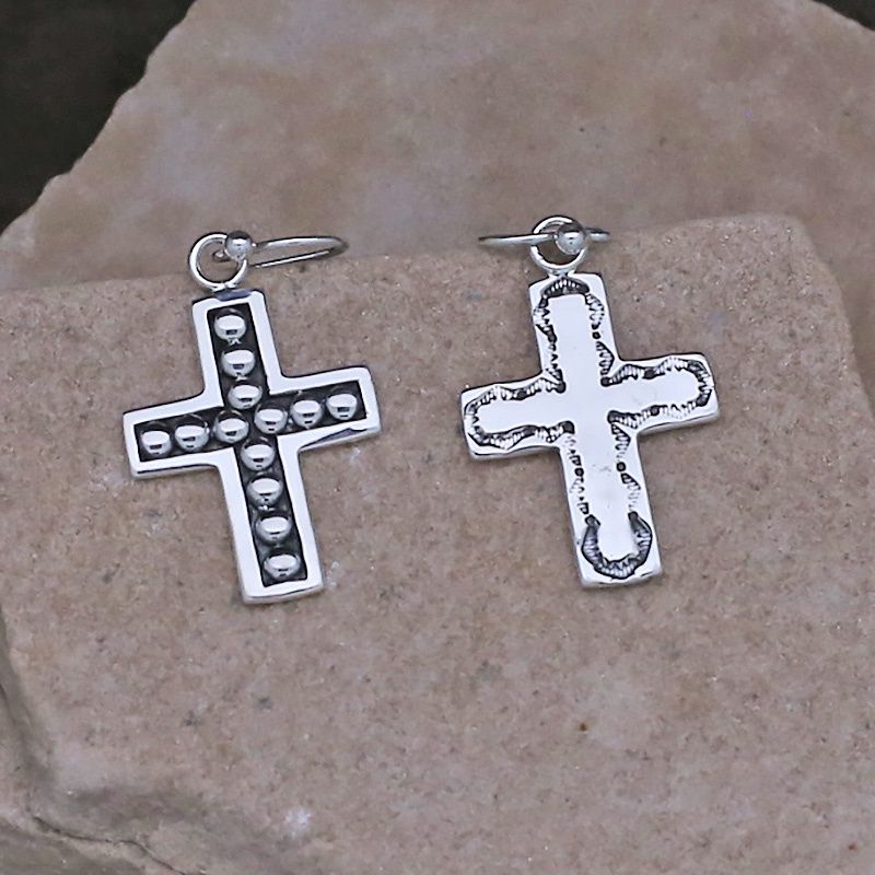 Medium silver cross dangle earrings