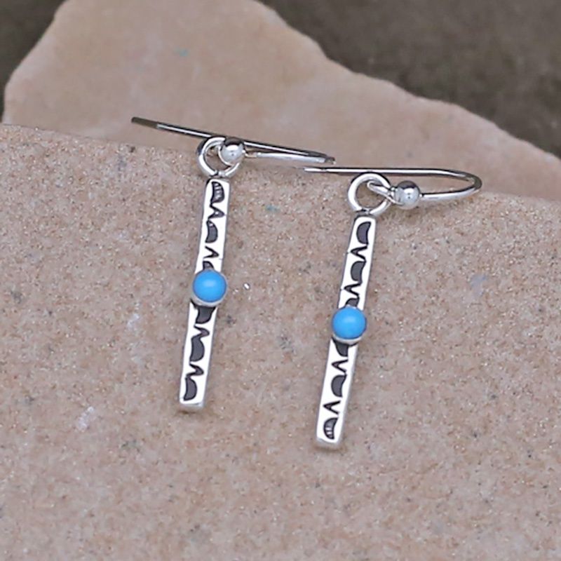 Mini thin rectangular dangle earrings w/ turquoise