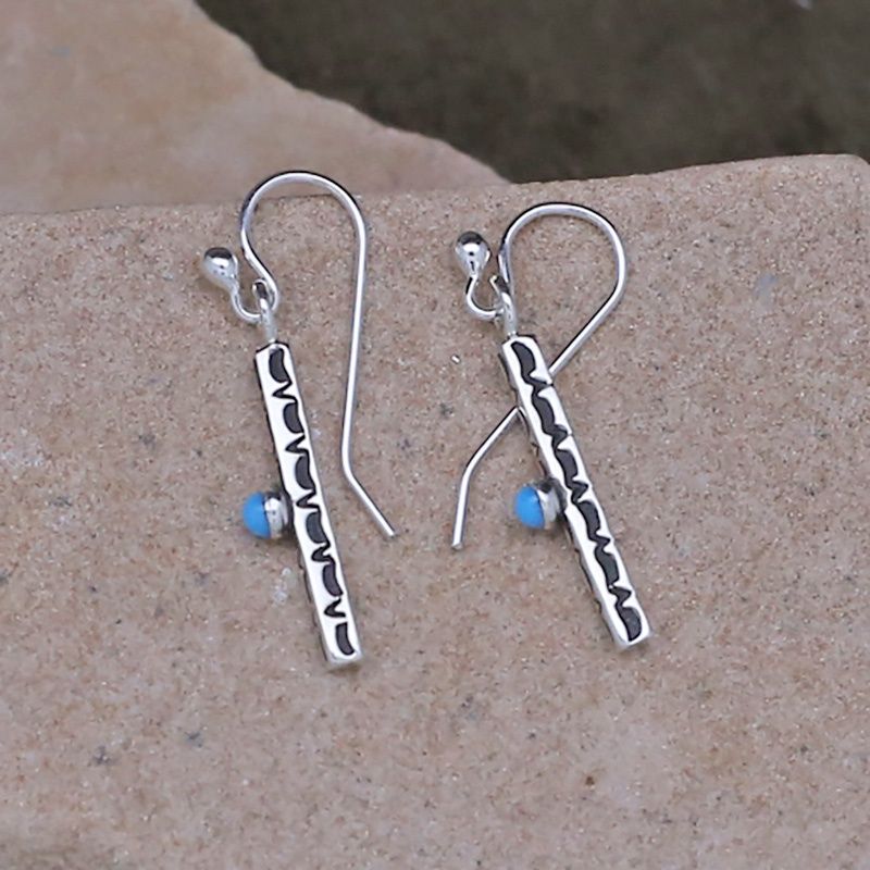 Mini thin rectangular dangle earrings w/ turquoise