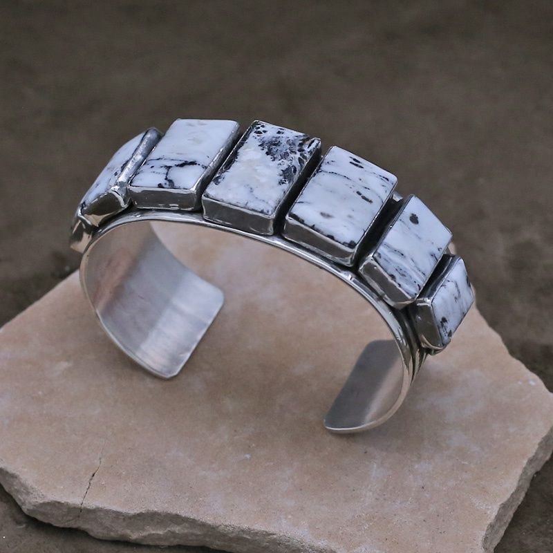 Large rectangular White Buffalo stone cuff bracelet