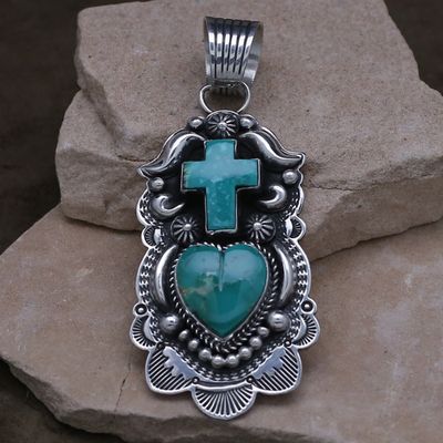 Kingman turquoise Cross over Hearts pendant